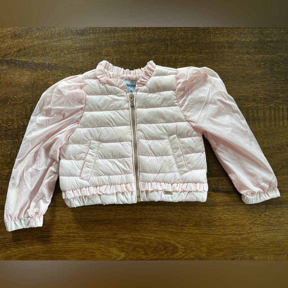 Mayoral Pink Baby Puffer Jacket with Ruffle Trim